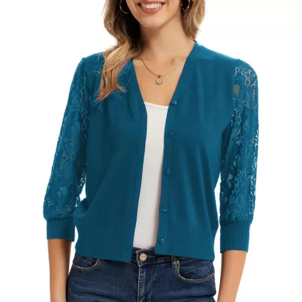 GRACE KARIN Womens Summer Cardigan Lightweight V Neck Lace 34 Sleeve Button Front SweatersDenim Blue