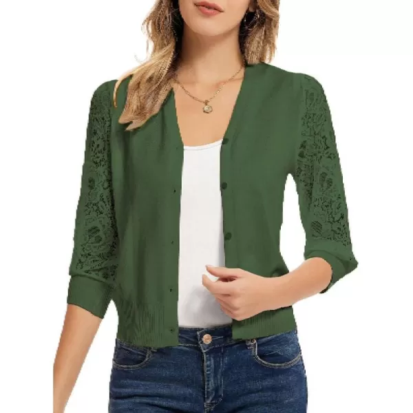 GRACE KARIN Womens Summer Cardigan Lightweight V Neck Lace 34 Sleeve Button Front SweatersGreen