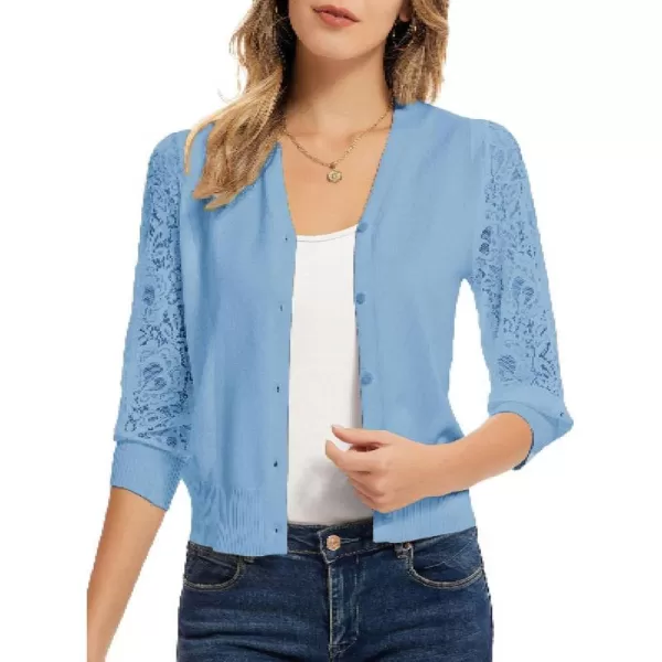 GRACE KARIN Womens Summer Cardigan Lightweight V Neck Lace 34 Sleeve Button Front SweatersLight Blue1