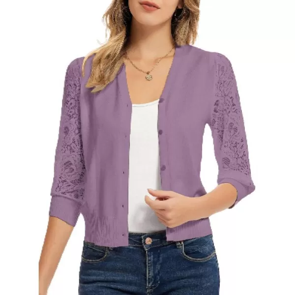 GRACE KARIN Womens Summer Cardigan Lightweight V Neck Lace 34 Sleeve Button Front SweatersLilac