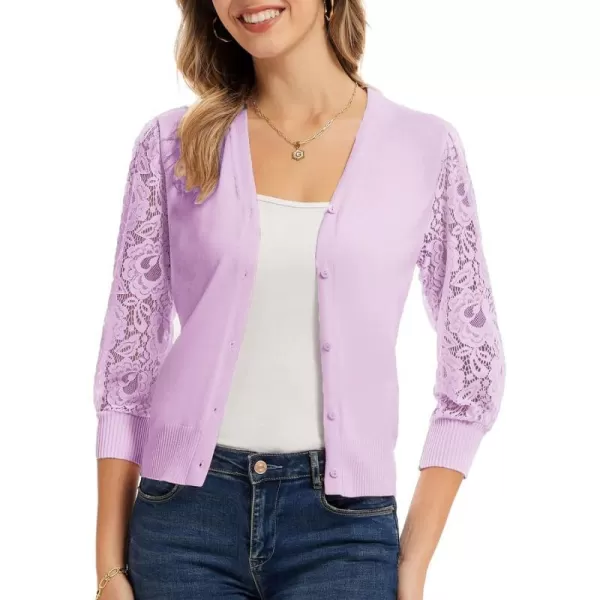 GRACE KARIN Womens Summer Cardigan Lightweight V Neck Lace 34 Sleeve Button Front SweatersPink Purple