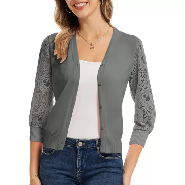 GRACE KARIN Womens Summer Cardigan Lightweight V Neck Lace 34 Sleeve Button Front SweatersSilver Gray