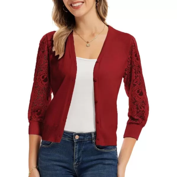 GRACE KARIN Womens Summer Cardigan Lightweight V Neck Lace 34 Sleeve Button Front SweatersWine Red