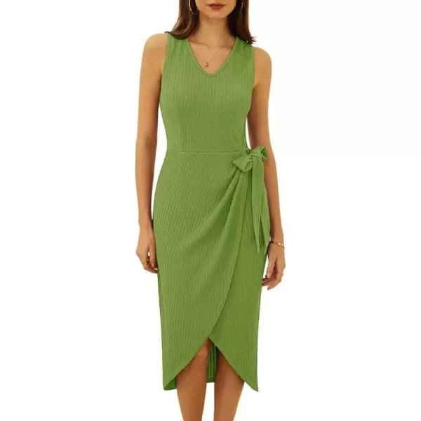 GRACE KARIN Womens Summer Casual Bodycon Dress Knit Sleeveless V Neck Ribbed Wrap Work Midi Sweater Tank DressTender Green