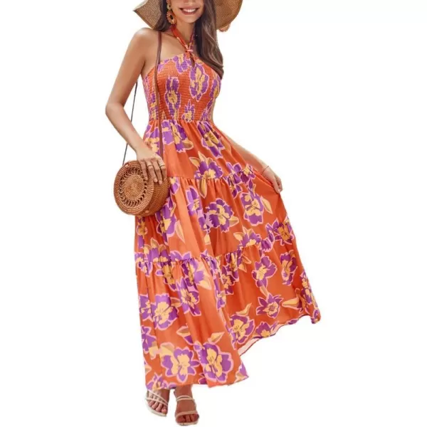 GRACE KARIN Womens Summer Dresses 2024 Halter Neck Sleeveless Smocked Backless Cut Out Floral Flowy A Line Maxi DressOrange Purple