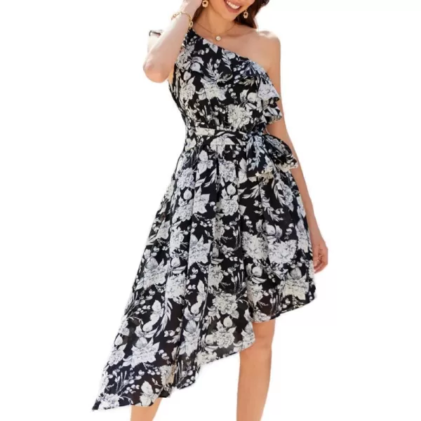 GRACE KARIN Womens Summer Floral Dress Casual One Shoulder Ruffle Sleeveless Asymmetrical High Low Beach Boho Midi DressesBlack