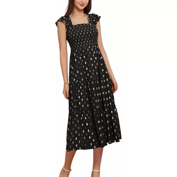 GRACE KARIN Womens Summer Midi Dress Smocked Square Neck ALine Dress Flutter Cap Sleeve Gold Polka Dots Ruffle Tiered DressBlack