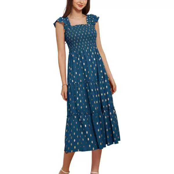 GRACE KARIN Womens Summer Midi Dress Smocked Square Neck ALine Dress Flutter Cap Sleeve Gold Polka Dots Ruffle Tiered DressBlue Green