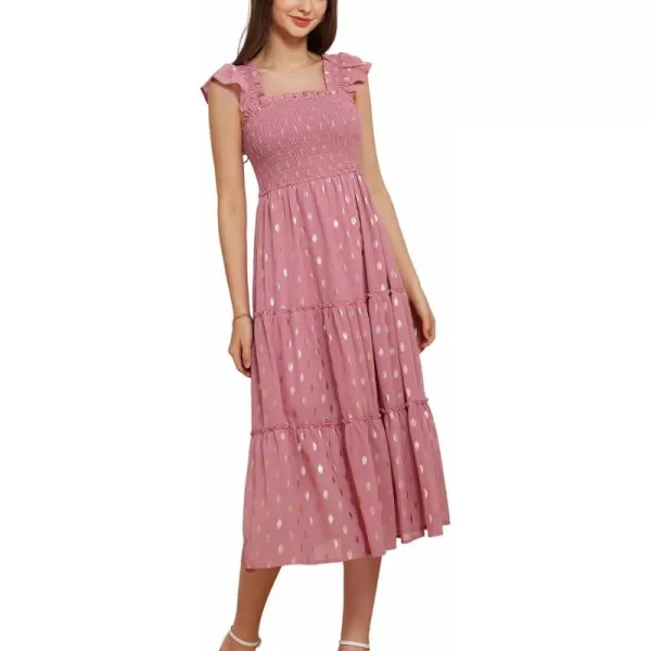 GRACE KARIN Womens Summer Midi Dress Smocked Square Neck ALine Dress Flutter Cap Sleeve Gold Polka Dots Ruffle Tiered DressPink