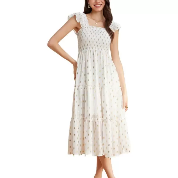 GRACE KARIN Womens Summer Midi Dress Smocked Square Neck ALine Dress Flutter Cap Sleeve Gold Polka Dots Ruffle Tiered DressWhite