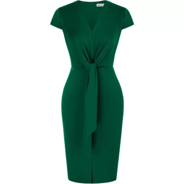 GRACE KARIN Womens Summer Midi Dresses Cap Sleeve Tie Waist Work Dress Slit VNeck Bodycon Dress Business Casual OutfitsDark Green