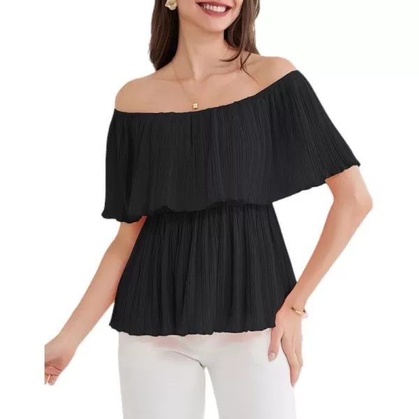 GRACE KARIN Womens Summer Off The Shoulder Tops Ruffle Short Sleeve Peplum Flowy Blouses Shirts Dressy CasualBlack