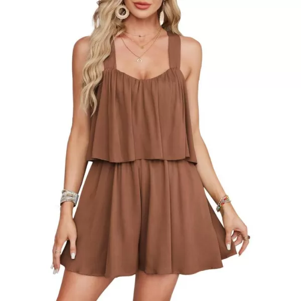 GRACE KARIN Womens Summer One Piece Rompers with Pocket Wide Leg Flowy Short Jumpsuit 2024 Beach Vacation OutfitsOrange Brown