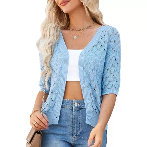 GRACE KARIN Womens Summer Short Sleeve Cropped Cardigan Sweaters Crochet Knit Shrug Open Front VNeck Button up TopsBlue