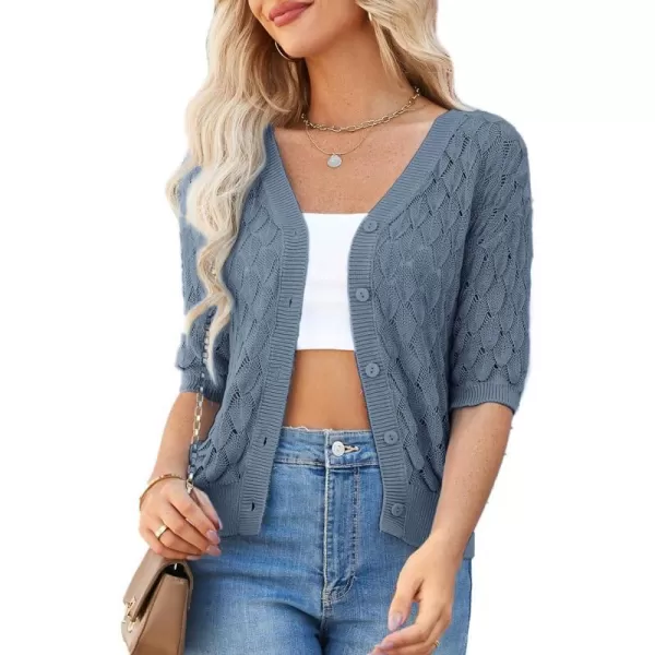 GRACE KARIN Womens Summer Short Sleeve Cropped Cardigan Sweaters Crochet Knit Shrug Open Front VNeck Button up TopsBlue Grey