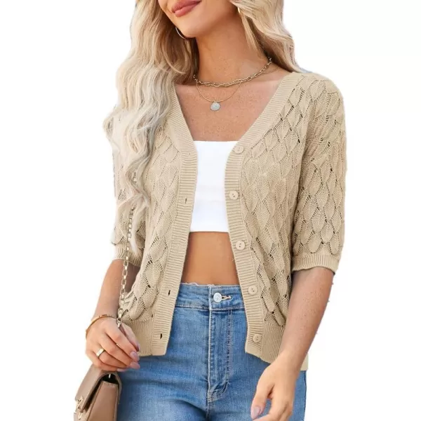 GRACE KARIN Womens Summer Short Sleeve Cropped Cardigan Sweaters Crochet Knit Shrug Open Front VNeck Button up TopsCoffee