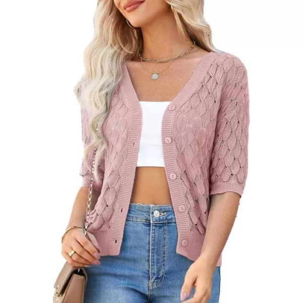 GRACE KARIN Womens Summer Short Sleeve Cropped Cardigan Sweaters Crochet Knit Shrug Open Front VNeck Button up TopsPink Red