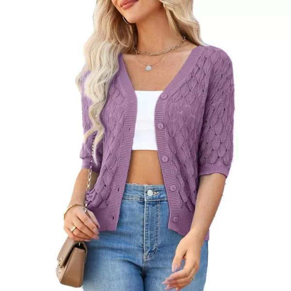 GRACE KARIN Womens Summer Short Sleeve Cropped Cardigan Sweaters Crochet Knit Shrug Open Front VNeck Button up TopsPurple