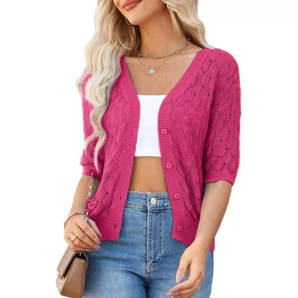 GRACE KARIN Womens Summer Short Sleeve Cropped Cardigan Sweaters Crochet Knit Shrug Open Front VNeck Button up TopsRose Red