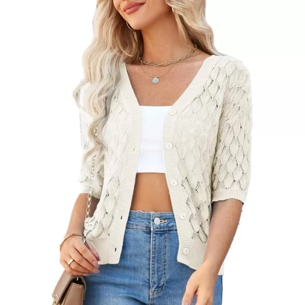 GRACE KARIN Womens Summer Short Sleeve Cropped Cardigan Sweaters Crochet Knit Shrug Open Front VNeck Button up TopsWhite