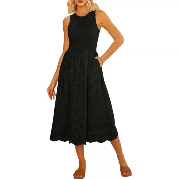 GRACE KARIN Womens Summer Sleeveless Tank Dress A Line Midi Dress Cotton Crewneck Casual Holiday Dress with PocketsBlack