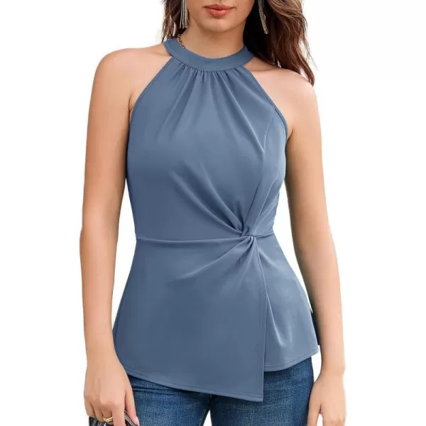 GRACE KARIN Womens Summer Slim Fit Tank Tops Halter Neck Casual Sleeveless Shirts Knot Front Dressy Blouse TopGray Blue