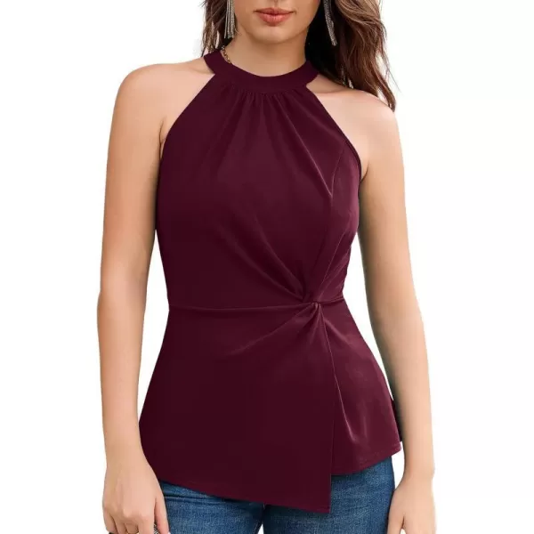 GRACE KARIN Womens Summer Slim Fit Tank Tops Halter Neck Casual Sleeveless Shirts Knot Front Dressy Blouse TopWine