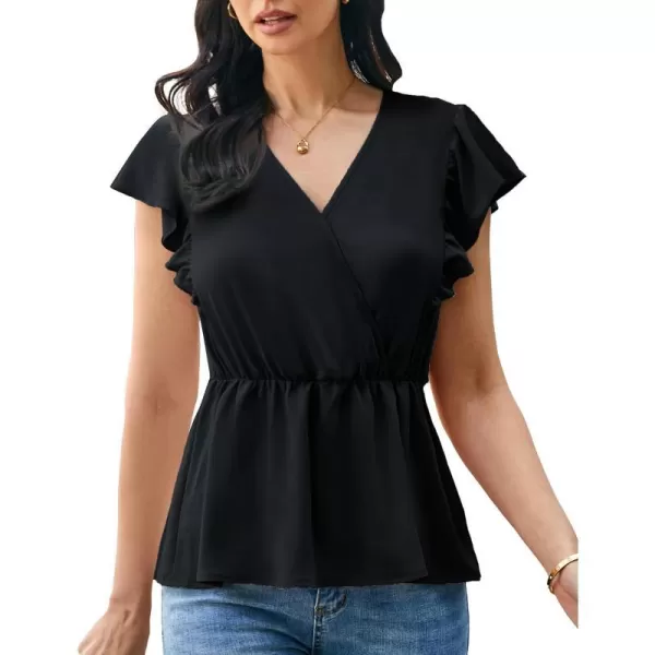 GRACE KARIN Womens Summer V Neck Dressy Ruffles Tops Shirts Flutter Sleeve Peplum Hem Work Business Casual Blouse TopsBlack