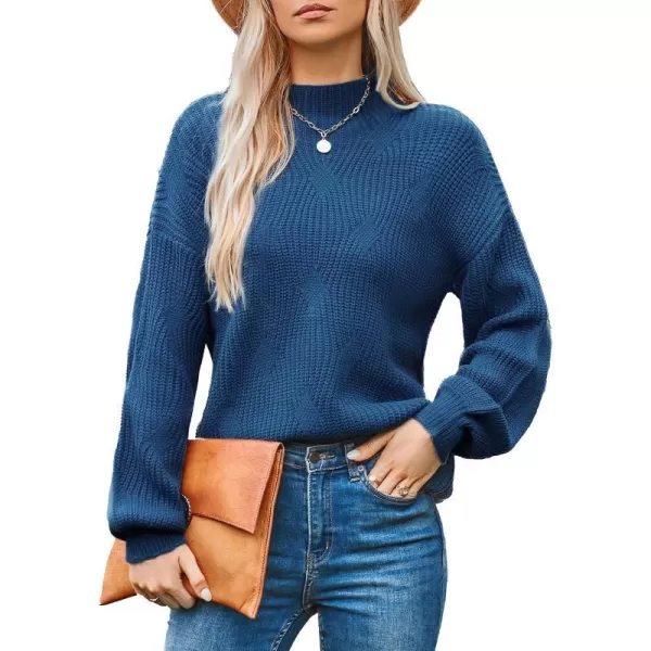 GRACE KARIN Womens Sweaters Turtleneck Lantern Sleeve Oversized Chunky Cable Knit Fall TopsBlue