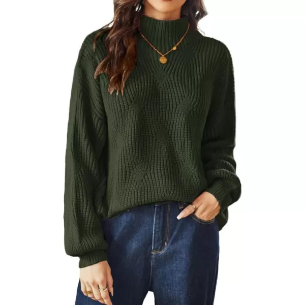 GRACE KARIN Womens Sweaters Turtleneck Lantern Sleeve Oversized Chunky Cable Knit Fall TopsGreen