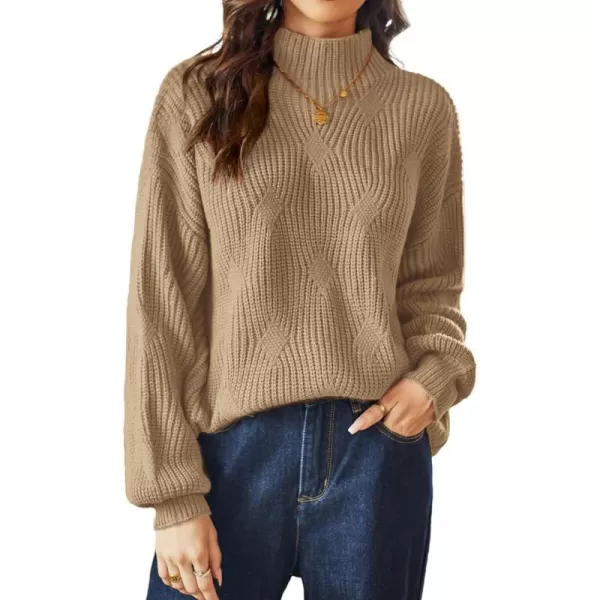 GRACE KARIN Womens Sweaters Turtleneck Lantern Sleeve Oversized Chunky Cable Knit Fall TopsLight Coffee