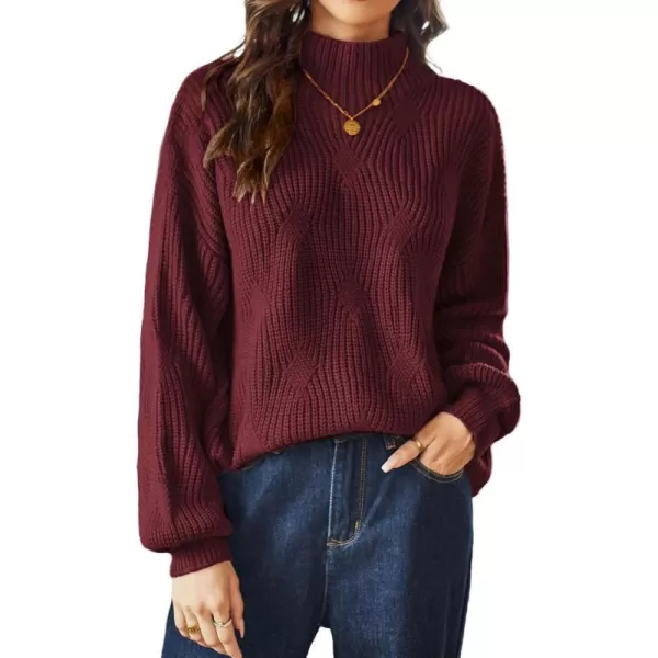 GRACE KARIN Womens Sweaters Turtleneck Lantern Sleeve Oversized Chunky Cable Knit Fall TopsWine Red