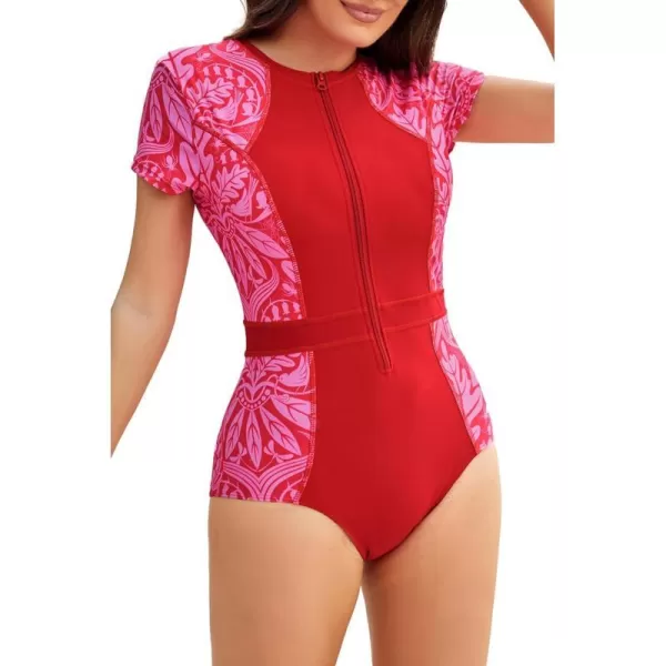 GRACE KARIN Womens Swimwear Rash Guard Short Sleeves Zip Front Round Neck One Piece Bathing SuitRose Red Printed