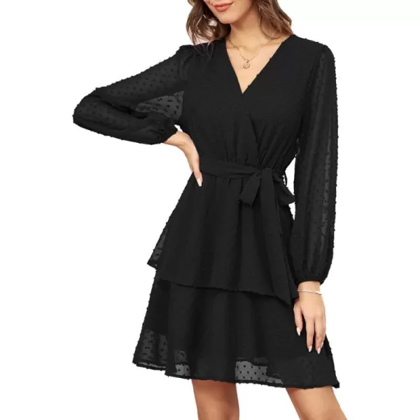 GRACE KARIN Womens Swiss Dot Dress Wrap V Neck Lantern Long Sleeve Cocktail Party Dress with BeltBlack