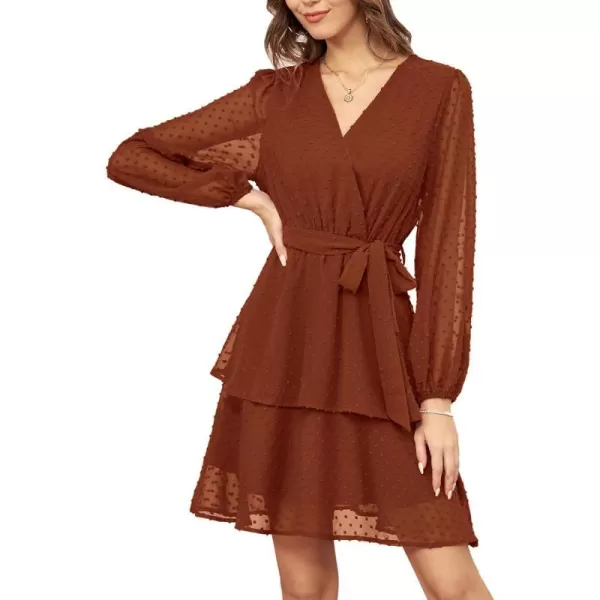 GRACE KARIN Womens Swiss Dot Dress Wrap V Neck Lantern Long Sleeve Cocktail Party Dress with BeltCaramel