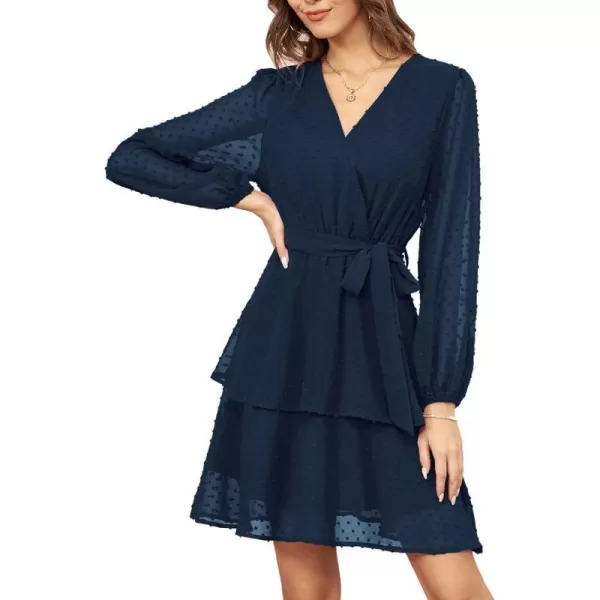 GRACE KARIN Womens Swiss Dot Dress Wrap V Neck Lantern Long Sleeve Cocktail Party Dress with BeltNavy Blue