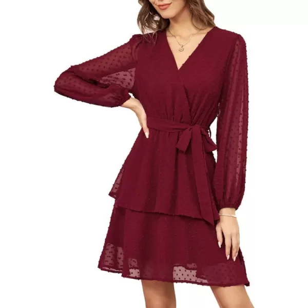 GRACE KARIN Womens Swiss Dot Dress Wrap V Neck Lantern Long Sleeve Cocktail Party Dress with BeltWine Red