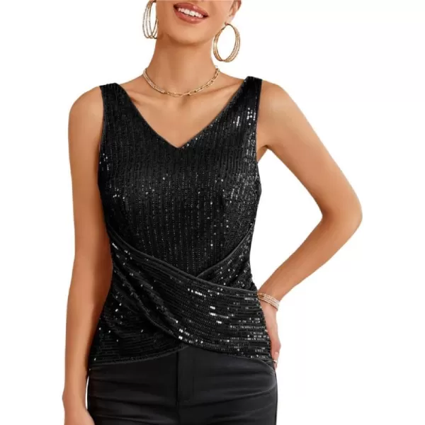 GRACE KARIN Womens Tank Tops 2023 Christmas Casual Fashion V Neck Sequin Sparkle Sleeveless Wrap TopsBlack