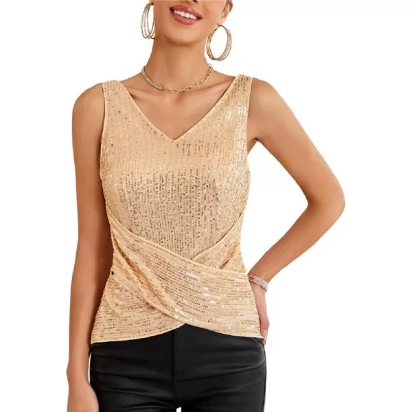 GRACE KARIN Womens Tank Tops 2023 Christmas Casual Fashion V Neck Sequin Sparkle Sleeveless Wrap TopsGold