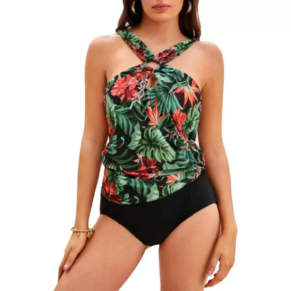 GRACE KARIN Womens Tankini Swimsuits Two Piece Bathing Suits Printing Halter Keyhole Cutout Swimwear with Bikini BottomBlack  Red Flower