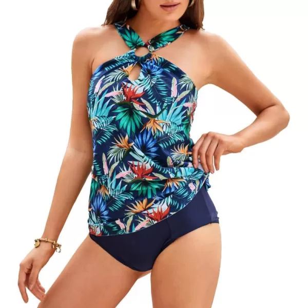 GRACE KARIN Womens Tankini Swimsuits Two Piece Bathing Suits Printing Halter Keyhole Cutout Swimwear with Bikini BottomBlue Floral