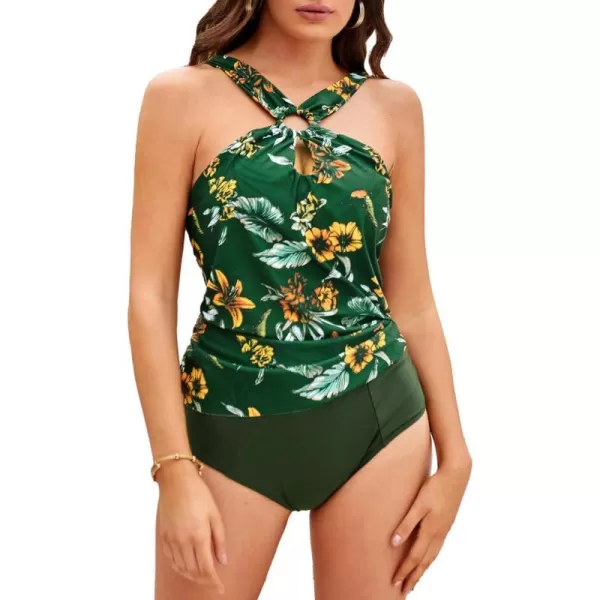 GRACE KARIN Womens Tankini Swimsuits Two Piece Bathing Suits Printing Halter Keyhole Cutout Swimwear with Bikini BottomGreen  Yellow Flower