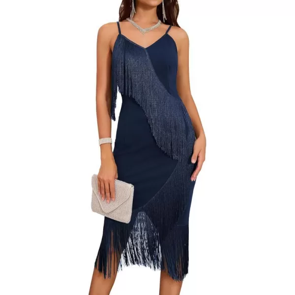 GRACE KARIN Womens Tassel Spaghetti Straps Bodycon Dress 2023 Sexy Deep V Neck Formal Dress Cocktail Party Midi DressesDark Blue