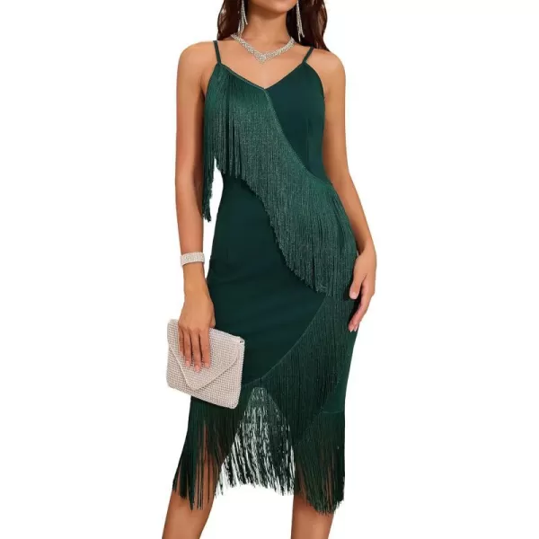 GRACE KARIN Womens Tassel Spaghetti Straps Bodycon Dress 2023 Sexy Deep V Neck Formal Dress Cocktail Party Midi DressesDark Green