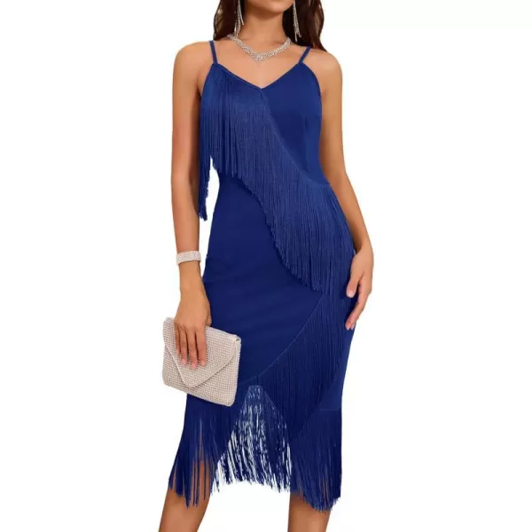 GRACE KARIN Womens Tassel Spaghetti Straps Bodycon Dress 2023 Sexy Deep V Neck Formal Dress Cocktail Party Midi DressesRoyal Blue