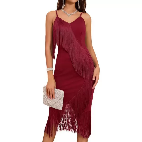 GRACE KARIN Womens Tassel Spaghetti Straps Bodycon Dress 2023 Sexy Deep V Neck Formal Dress Cocktail Party Midi DressesWine Red