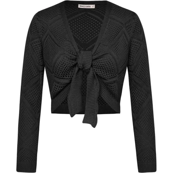 GRACE KARIN Womens Tie Front Crochet Lightweight Cropped Cardigan Sweater Bolero ShrugBlack