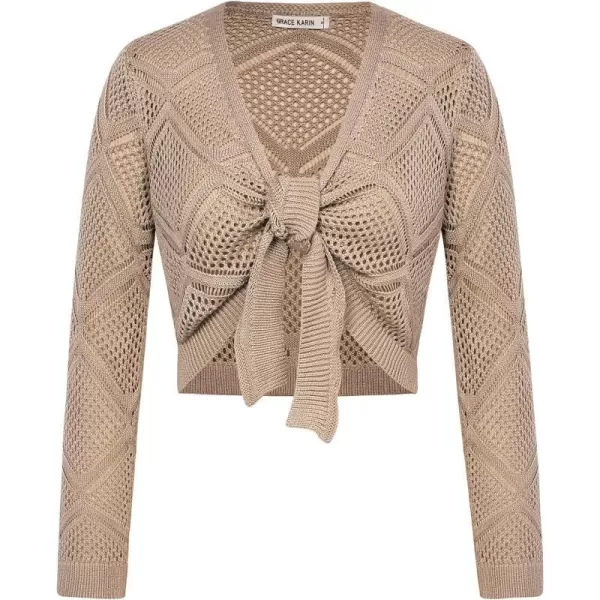 GRACE KARIN Womens Tie Front Crochet Lightweight Cropped Cardigan Sweater Bolero ShrugDark Apricot