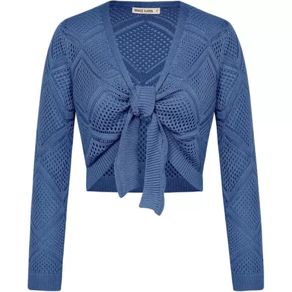 GRACE KARIN Womens Tie Front Crochet Lightweight Cropped Cardigan Sweater Bolero ShrugGrey Blue