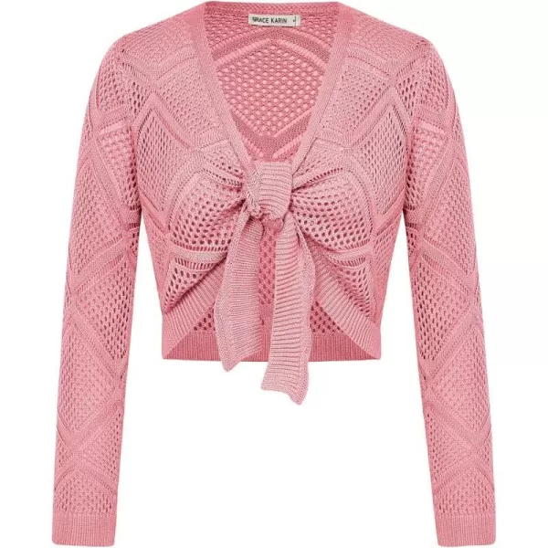 GRACE KARIN Womens Tie Front Crochet Lightweight Cropped Cardigan Sweater Bolero ShrugPink